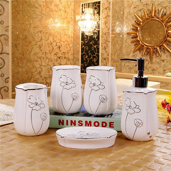 5PCS Bathroom Ceramic Set Bathroom Accessories Bathroom Toiletries Electric Toothbrush Holder Soap Box Soap DispenserBathroomSet