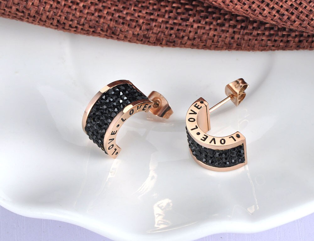 Lokaer Stainless Steel Semicircle Black Rhinestone Love Wedding Earrings For Women Rose Gold Engagement Earrings Jewelry E19047