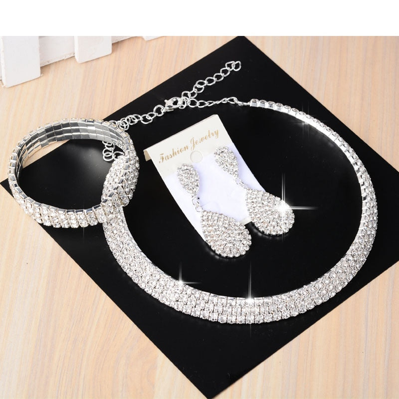 3 PCS Luxury Wedding Bridal Jewelry Sets for Women Necklace Bracelet Australia Crystal Long Earring Set