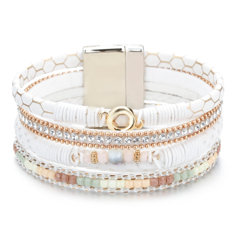 ALLYES White Leather Bracelets for Women Jewelry Trendy Round Metal Charm Rhinestone Crystal Wide Multilayer Bracelet Female