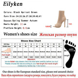 Eilyken Womens Boots Green Elastic Knit Sock Boots Ladies Open Toe High Heels Fashion Ankle Boots Women Pumps Size 35-42
