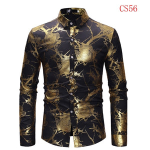 Mens Gold Rose Floral Print Shirts 2019 Brand Floral Steampunk Chemise White Long Sleeve Wedding Party Bronzing Camisa Masculina