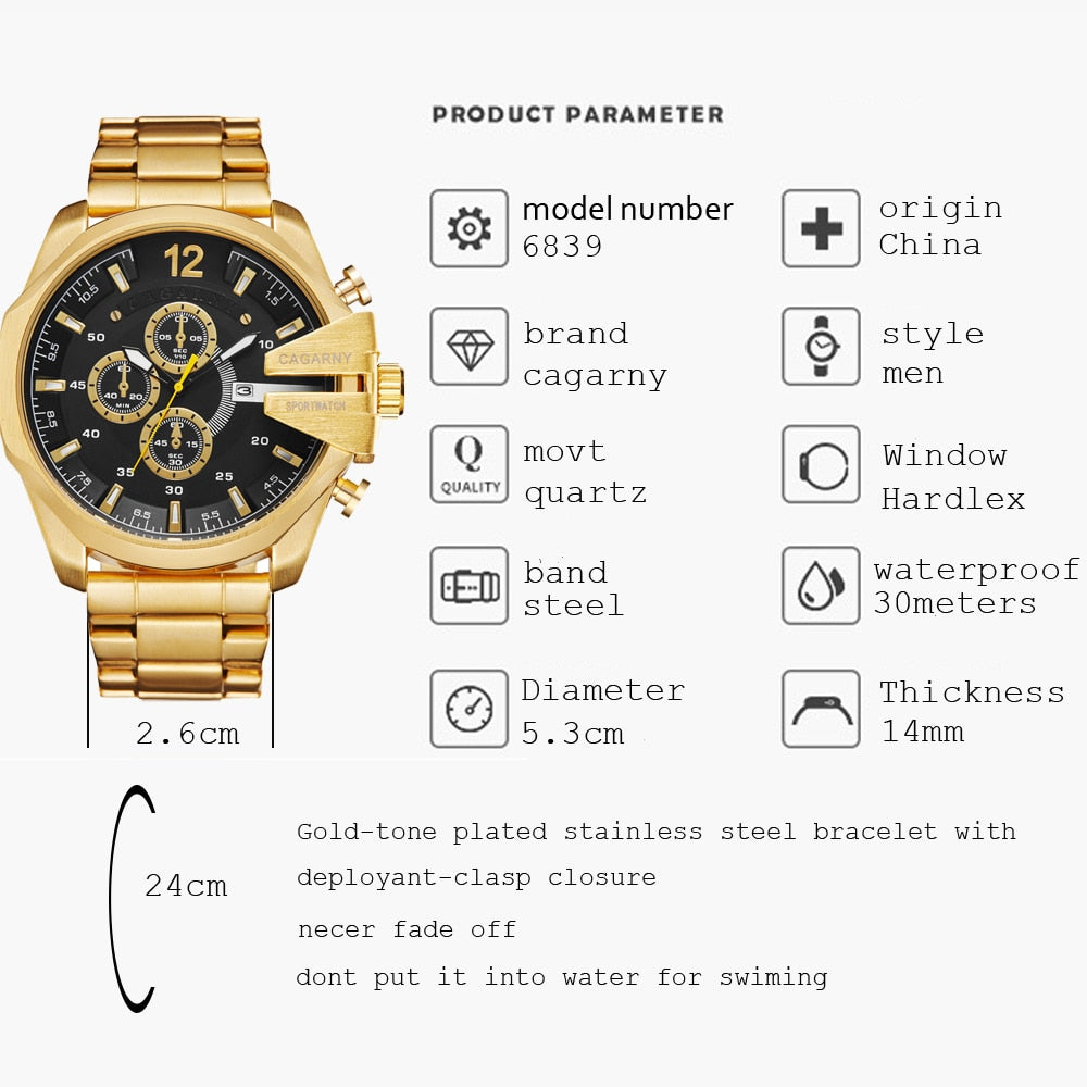 Mens Watches Top Brand Luxury Gold Steel Quartz Watch Men Cagarny Casual Male Wrist Watch Military Relogio Masculino Dropship