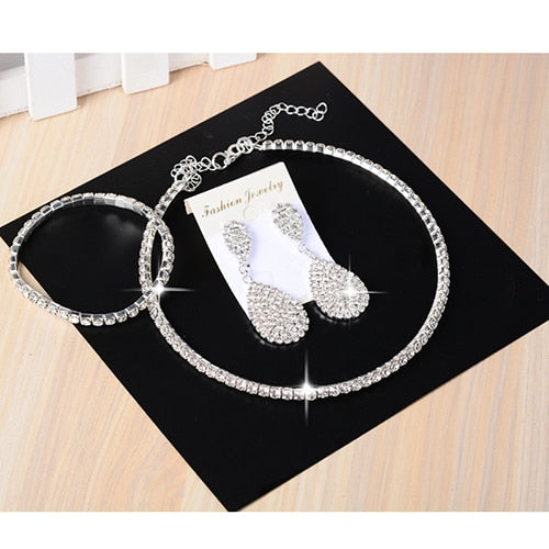 3 PCS Luxury Wedding Bridal Jewelry Sets for Women Necklace Bracelet Australia Crystal Long Earring Set