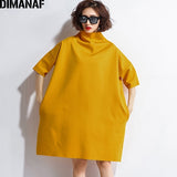 DIMANAF Autumn Dresses Women Turtleneck Cotton Knitting Femme Clothes Elegant Solid Vestidos Oversize Fashion Ladies Dress 2021