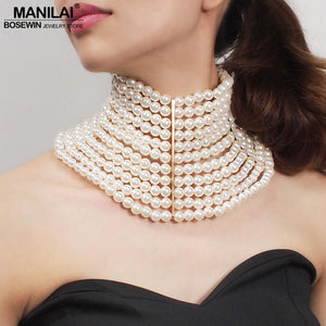 MANILAI Brand Imitation Pearl Statement Necklaces For Women Collar Beads Choker Necklace Wedding Dress Beaded Jewelry 2020