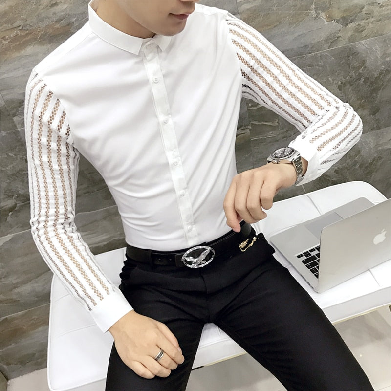 2021 New Mens Black White Lace Hollow Patchwork Shirt Long Sleeve Luxury Party Promshirt Men's Petticoat Nightclub Dress Tuxedo