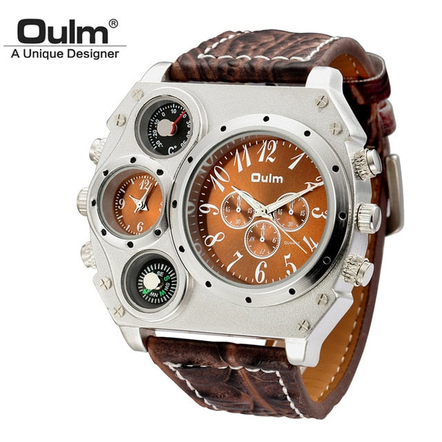 OULM Watch Men Quartz Sport Leather Strap Watches Big Dial Military Wristwatch Mens Clock Compass Decoration reloj hombre 2018