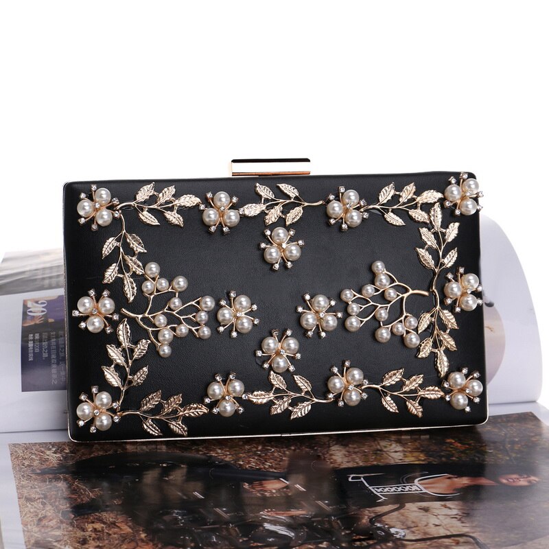 Fashion New Women Evening Clutch Bags PU Chain Shoulder Handbags Leaf Metal Beaded Evening Purse Messenger Bags