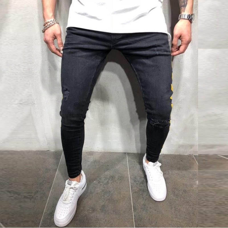 Men's Skinny Black Jeans Yellow Side Stripes Hip Hop Streetwear Raw Edge Ripped Skinny Printed Street Lightweight Cotton Jeans