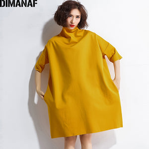 DIMANAF Autumn Dresses Women Turtleneck Cotton Knitting Femme Clothes Elegant Solid Vestidos Oversize Fashion Ladies Dress 2021