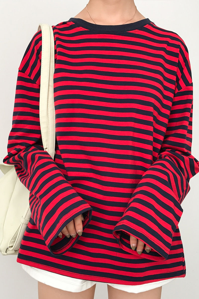 2021 New Vintage Fashion Basic Loose Casual Striped All Match Simple Long Sleeve Female T-shirts