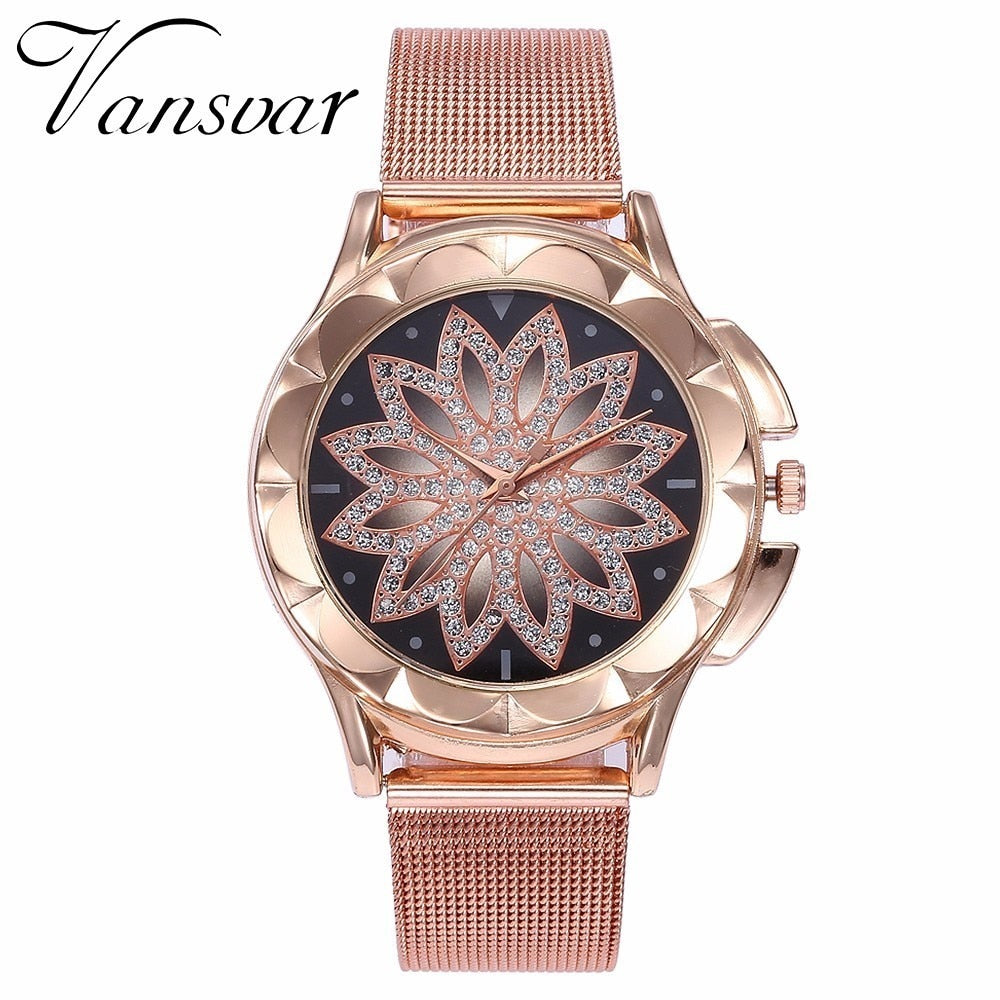 Fashion Women Rose Gold Flower Rhinestone Wrist Watches Luxury Casual Female Quartz Watch Relogio Feminino Drop Shipping