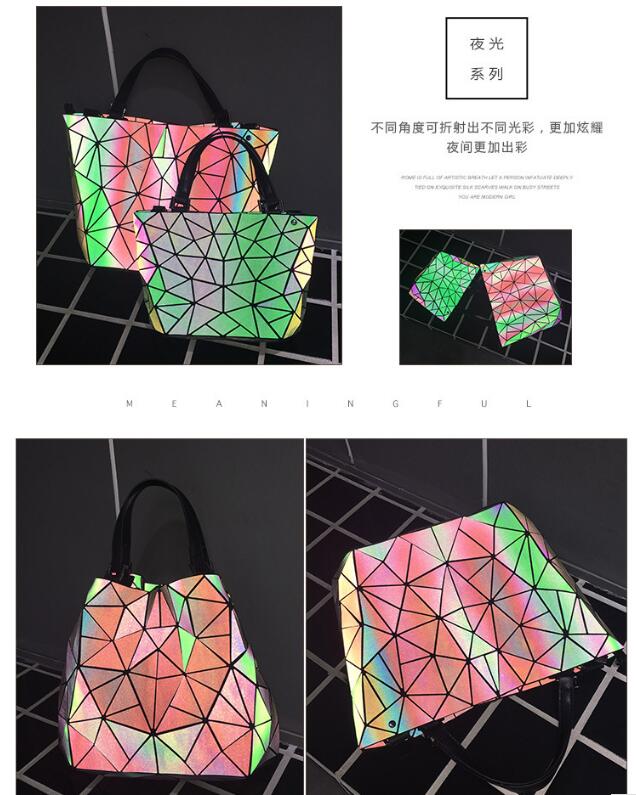 Luminous Bag Women's Geometry Lattic Totes  Quilted Shoulder Bags Hologram Laser Plain Folding Handbags  Free Shipping