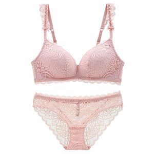 New Push Up Bra Set Sexy Women Underwear Set Lace Embroidery Pink Bow Adjusted Bras Wire-Free Lingerie Transparent Panties Set