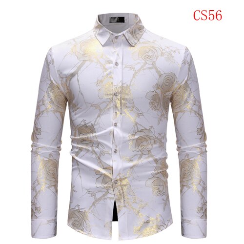 Mens Gold Rose Floral Print Shirts 2019 Brand Floral Steampunk Chemise White Long Sleeve Wedding Party Bronzing Camisa Masculina