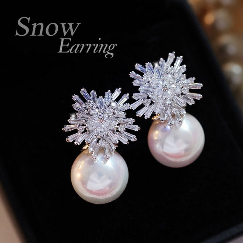 Pearl Earrings Woman Fashion Snowflake Crystal Earrings Charm Rhinestone Inlaid Jewelry Cute Earrings Couple Gifts Best Choice