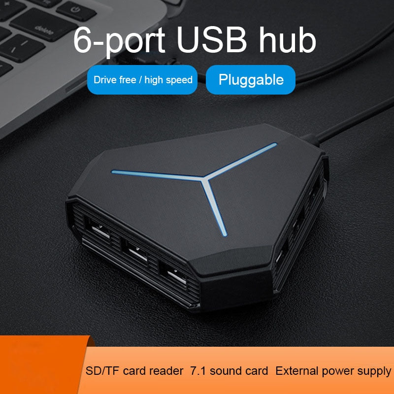 6 Ports USB 2.0 Hub USB Splitter High Speed TF SD Card Reader with eaphone microphone interface For PC Computer Accessories