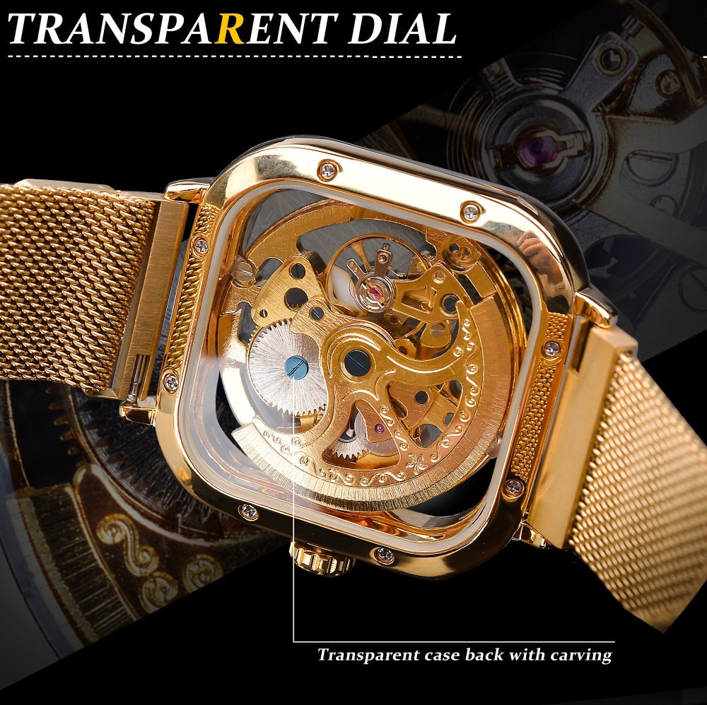 Forsining Golden Men Automatic Watch Square Skeleton Mesh Steel Band Mechanical Business Clock Relogio Masculino Erkek Kol Saati