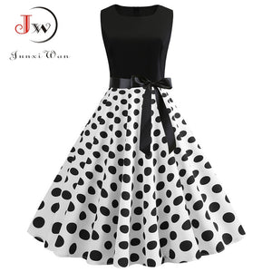 Black White Patchwork Polka Dot Summer Dress Women Vintage 50s 60s Pin Up Rockabilly Dress Plus Size Robe Party Office Dresses