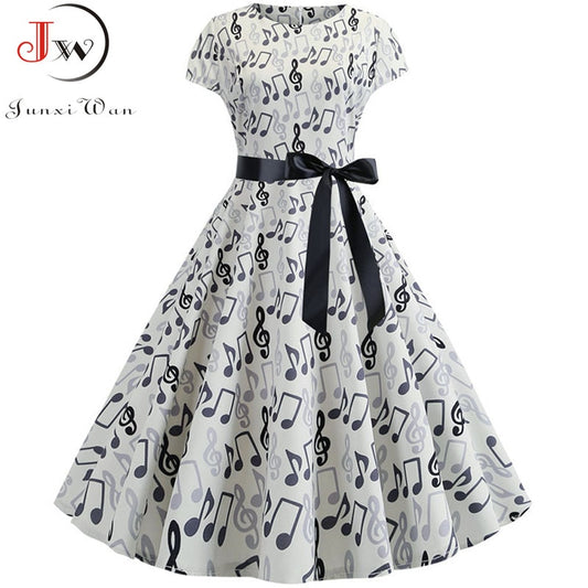 Women Summer Music Note Print Dress 50s 60s Robe Retro Swing Casual Vintage Sleeveless Party Dresses Vestidos Plus Size