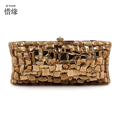 XIYUAN BRAND Gold Crystal glass diamond Shoulder Bag Evening Box Clutch Handbag Purses Women Party Bridal Wedding Metal Clutches