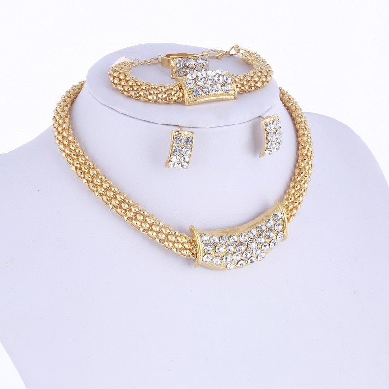 Amazing Price Wedding Gold Plate Jewelry Sets For Women Pendant Statement African Beads Crystal Necklace Earrings Bracelet Rings