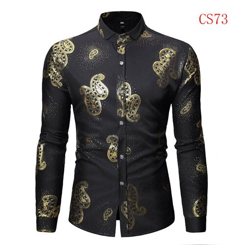 Mens Gold Rose Floral Print Shirts 2019 Brand Floral Steampunk Chemise White Long Sleeve Wedding Party Bronzing Camisa Masculina