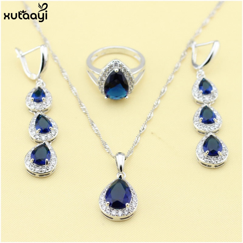 XUTAAYI Top Quality Silver Jewelry Sets Blue Created Sapphired Flawless Necklace/Rings/Earrings/Bracelet For women