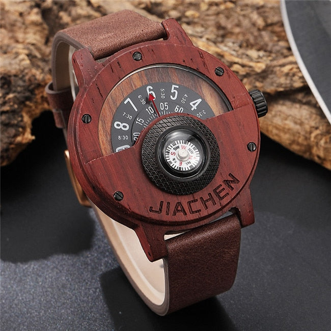 Unique Compass Turntable Number Design Mens Wooden Watch Men Brown Wood Leather Band Creative Natural Wood Wrist Watches Relogio