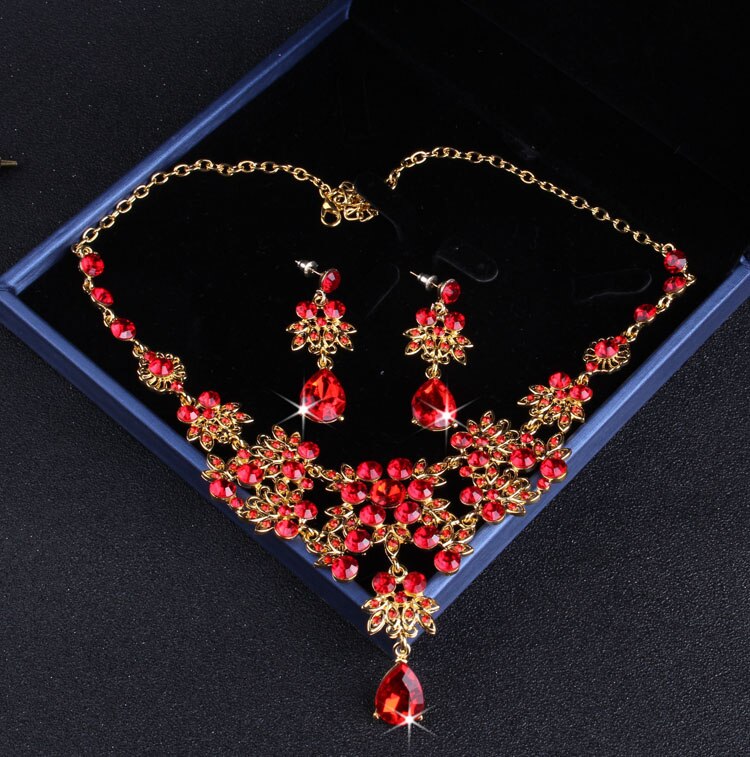 Baroque Vintage Gold Red Crystal Bridal Jewelry Sets Rhinestone Tiaras Crown Choker Necklace Earrings Set Wedding Accessories