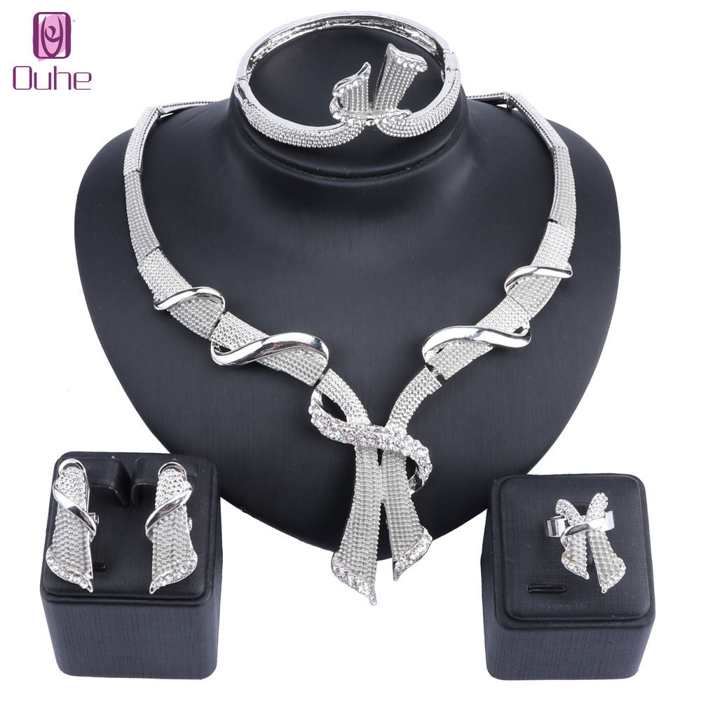 Dubai Silver Color Crystal Jewelry Sets Wholesale Bridal Accessories Nigerian Wedding Necklace Earring Bijoux Femme Jewelry Set