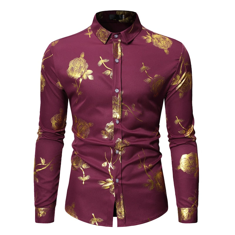 Mens Gold Rose Floral Print Shirts 2019 Brand Floral Steampunk Chemise White Long Sleeve Wedding Party Bronzing Camisa Masculina