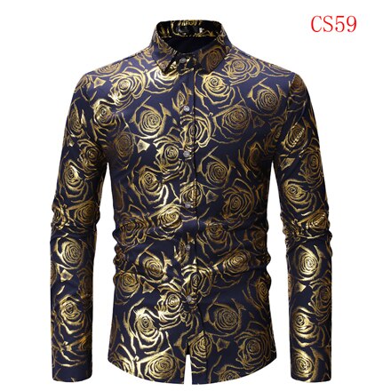 Mens Gold Rose Floral Print Shirts 2019 Brand Floral Steampunk Chemise White Long Sleeve Wedding Party Bronzing Camisa Masculina