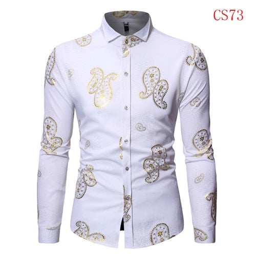 Mens Gold Rose Floral Print Shirts 2019 Brand Floral Steampunk Chemise White Long Sleeve Wedding Party Bronzing Camisa Masculina