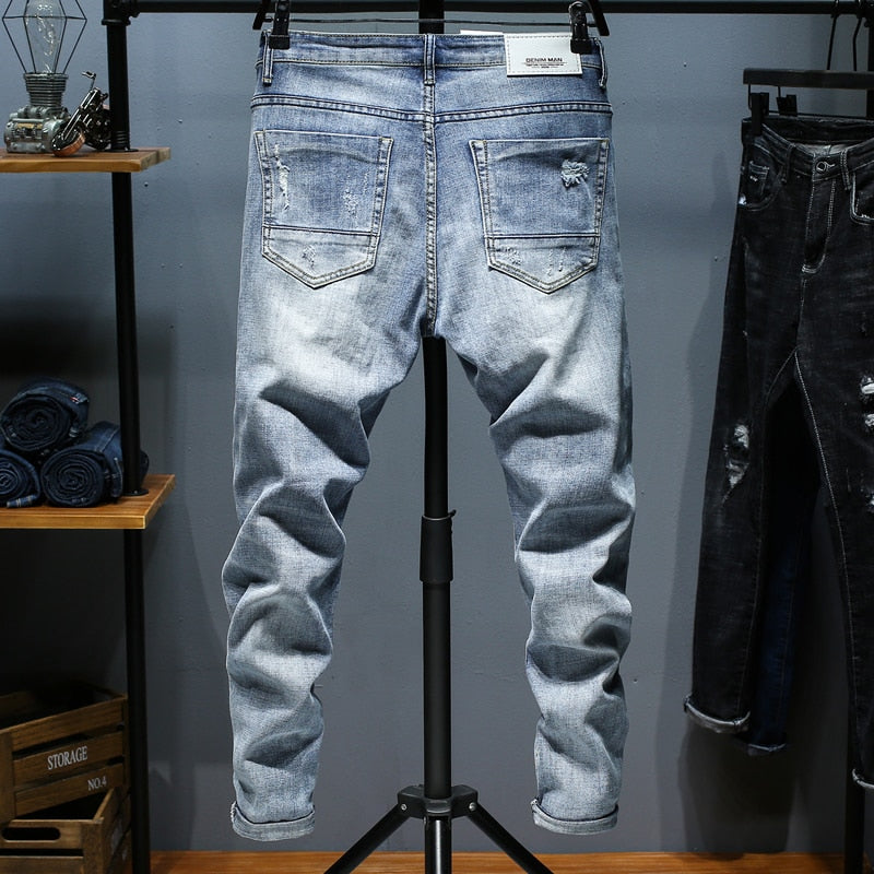 Ripped Jeans For Men Skinny Slim Fit Light Blue Spring 2021 New Frayed Streetwear Hip Hop Denim Pants Patchwork Men's Trousers