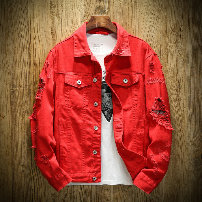 2021 Autumn New Men's Jean Jacket Slim Fit Cotton Denim Jacket Red White Black Ripped Hole Jean Coats Men Outwear Youth Men 5XL