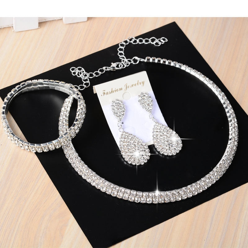 3 PCS Luxury Wedding Bridal Jewelry Sets for Women Necklace Bracelet Australia Crystal Long Earring Set