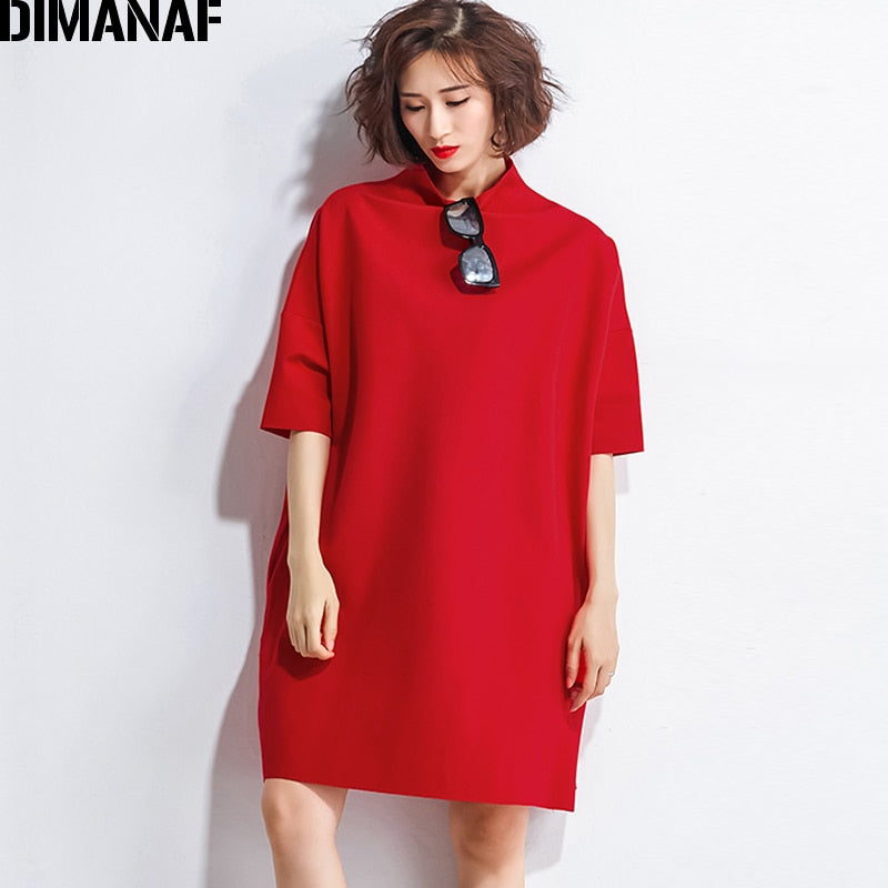 DIMANAF Autumn Dresses Women Turtleneck Cotton Knitting Femme Clothes Elegant Solid Vestidos Oversize Fashion Ladies Dress 2021