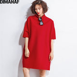 DIMANAF Autumn Dresses Women Turtleneck Cotton Knitting Femme Clothes Elegant Solid Vestidos Oversize Fashion Ladies Dress 2021