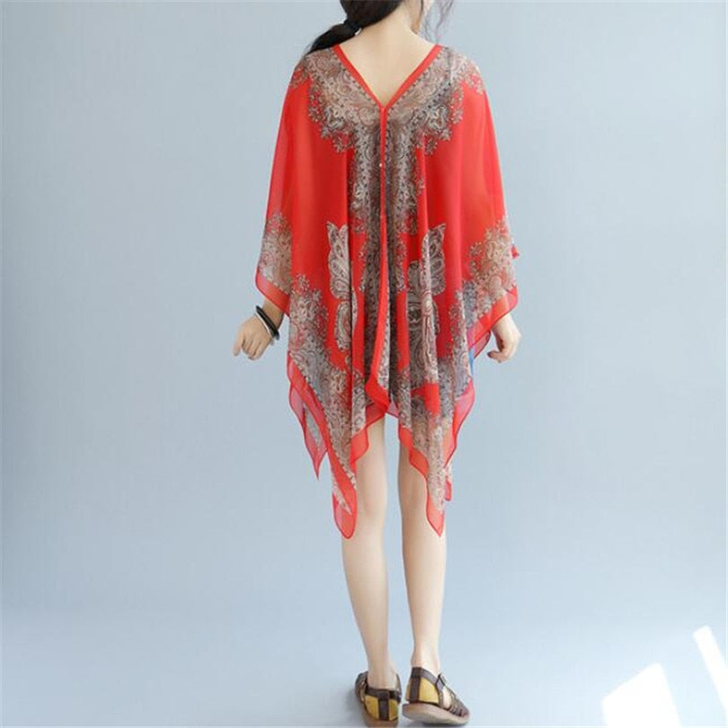 Boho Batwing Sleeve Chiffon Blouse Women Casual Floral Print Loose Kimono Shirts Big Size Beach Tunic Tops Peplum Blusa Robe