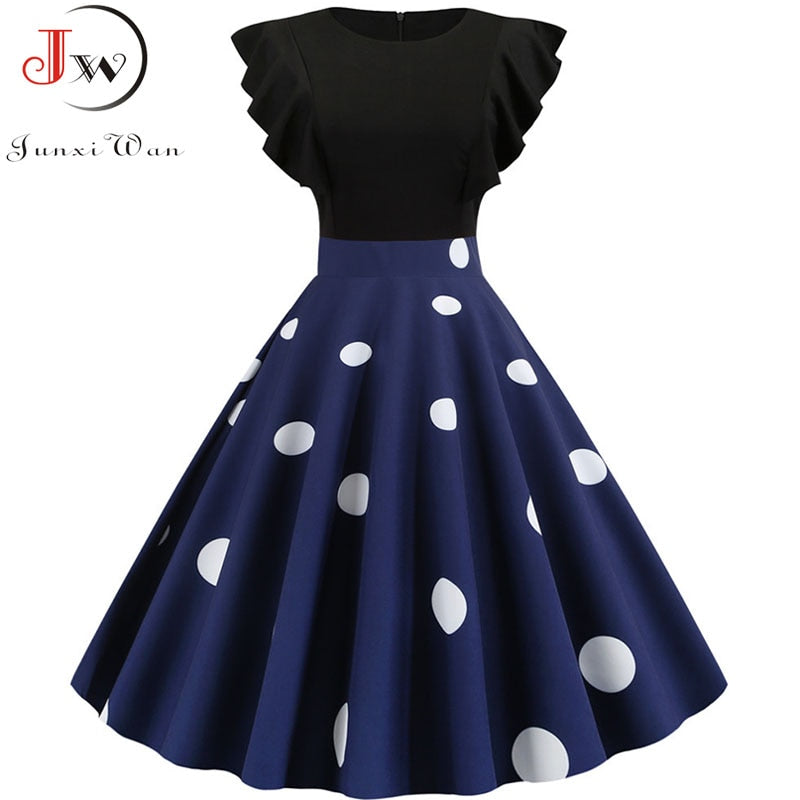 Black White Patchwork Floral Print Summer Dress Women 2021 Petal Sleeve Dot Vintage Dress Robe Casual Rockabilly Party Vestidos