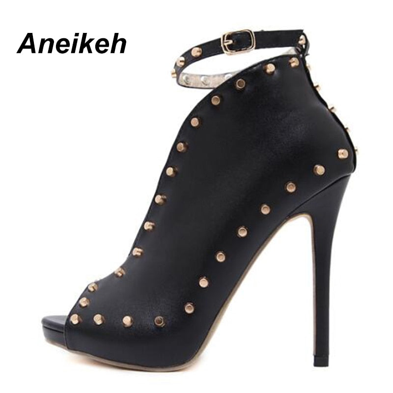 NEW Autumn Women Shoes 2021 Peep Toe Pumps High Heels Women's Shoes Ankle Boots Rivets Buckle Motorcycle Women's Pumps Aneikeh