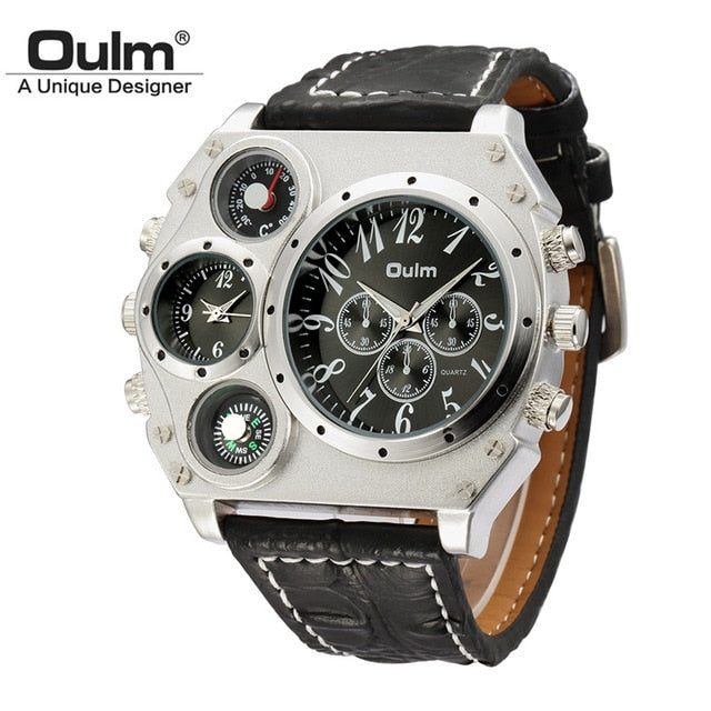 OULM Watch Men Quartz Sport Leather Strap Watches Big Dial Military Wristwatch Mens Clock Compass Decoration reloj hombre 2018