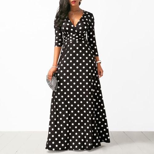 Women Polka Dot Long Sleeve Boho Dress Elegant Vintage Women Dresses Evening Party V Neck Maxi Long Dress Fashion Ladies Dresses