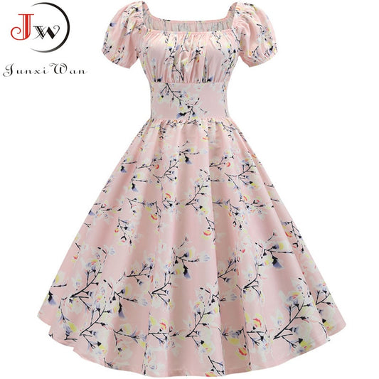 Plus Size Summer Dress Women Puff Sleeve Swing Vintage Dresses Robe Femme Elegant Floral Print Pin Up Party Dresses Jurken