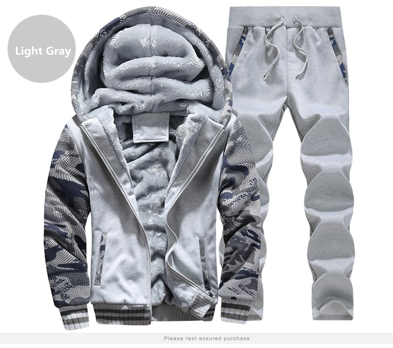 Winter Inner Fleece Hoodies Men 2020 Casual Hooded Warm Sweatshirts Male Thicken Tracksuit 2PC Jacket+Pant Men Moleton Masculino