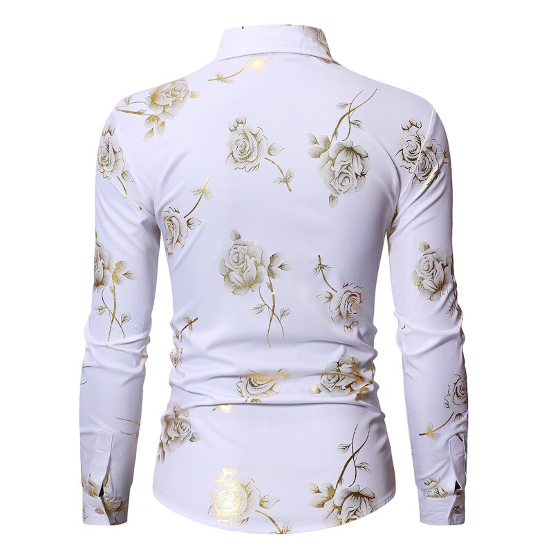 Mens Gold Rose Floral Print Shirts 2019 Brand Floral Steampunk Chemise White Long Sleeve Wedding Party Bronzing Camisa Masculina