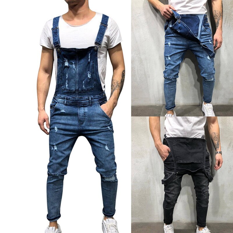 Men Ripped Denim Jumpsuit Overalls Jean Casual Suspenders Pants Men Fashion Hip Hop Jumpsuit Jean Bib Pant Streetwear