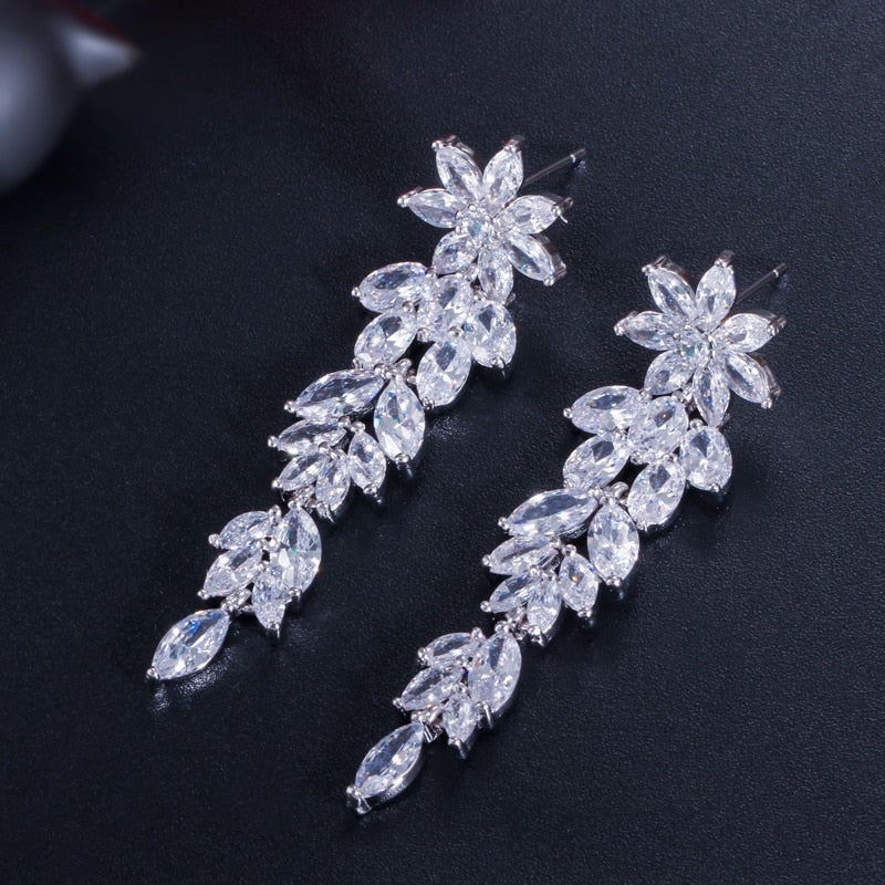 CWWZircons Luxury Marquise Cluster Flower Shape Cubic Zirconia Long Dangle Drop Earrings for Brides Wedding Jewelry CZ432